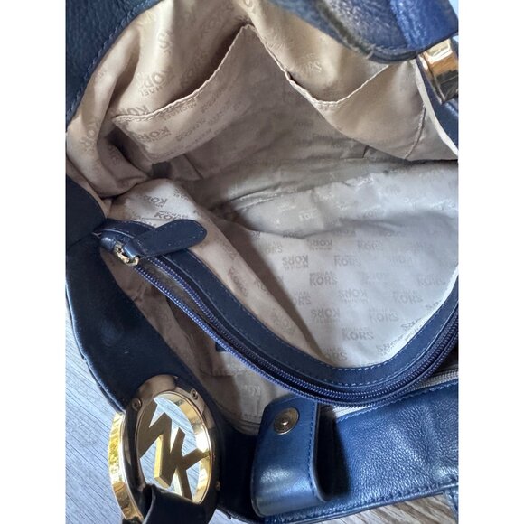 Michael Kors large navy blue pebbled leather tote shoulder bag MK logo gold hard - Picture 6 of 9